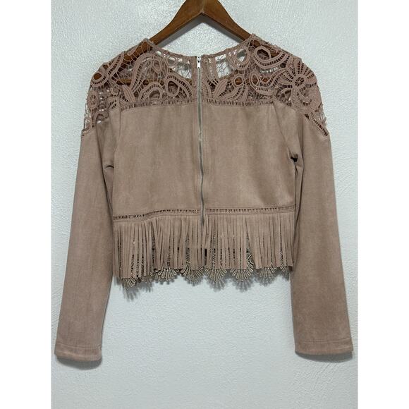 J.O.A Faux Suede Lace Fringe Crop Top M Petal Pink Soft Country Western Festival - Picture 7 of 13